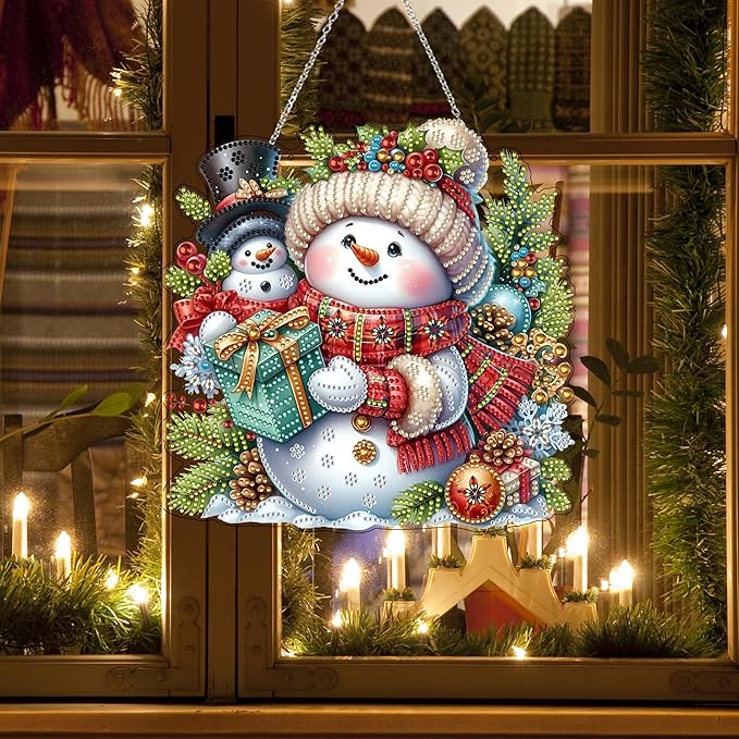 JJFox Diamond Art Hanging Kit for Adult,Special Shaped Rhinestone,DIY Acrylic 5D Diamond Art Painting Window Pendants Home Garden Wall Hanging Kits Hanging Ornament,Double Sided. (Christmas Snowman)