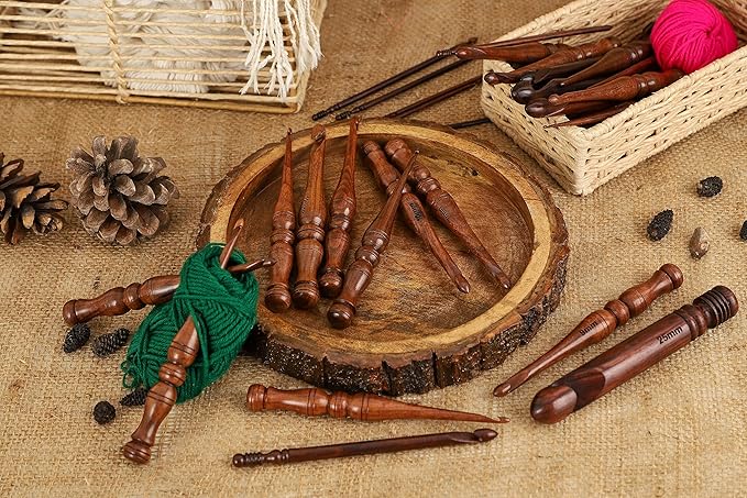Bhartiya Handicrafts Wooden Crochet Hooks Set of 12 - Ergonomic Rosewood Knitting Needles with Engraved Design, Various Sizes (3.5mm to 12mm)