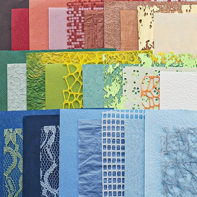 30 sheets Christmas Handmade Textured Scrapbook Paper&Mesh Fabric set - Unique Craft Mulberry Special Rice Paper Mix for Scrapbooking Junk Journaling Supplies Card Making Collage,A5 5.8x8.2 Inch