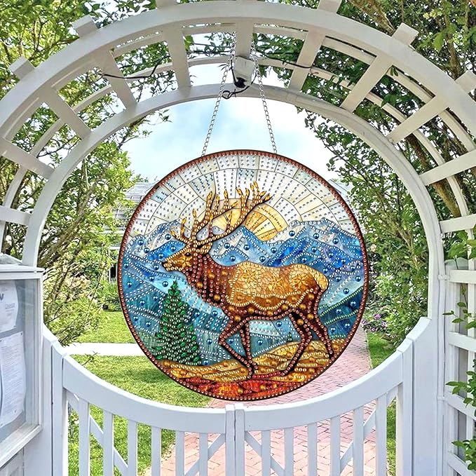 Wergund 5D DIY Elk Diamond Art Hanging Kits, Hanging Diamond Art Animal, Acrylic Special Shaped Rhinestone, Window Hanging Pendants for Home Wall Garden Front Door Outdoor Decor Gift(Elk)