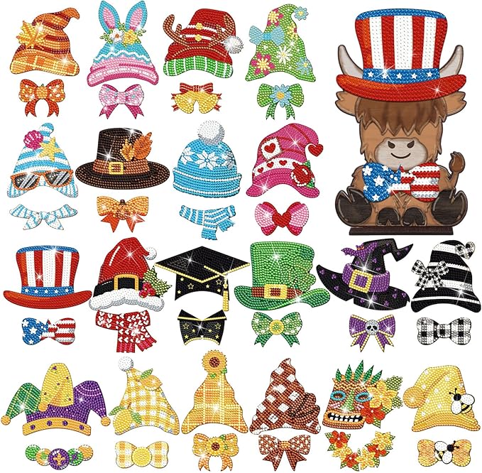 DoubleFill 42 Pcs Easter Diamond Kits St Patricks Day Interchangeable Wooden Table Decorations DIY Holiday Easter Party Seasonal Tiered Tray Art Decor Diamond Painting Magnets(Highland Cow)