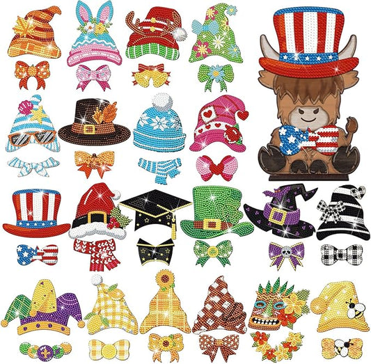 DoubleFill 42 Pcs Easter Diamond Kits St Patricks Day Interchangeable Wooden Table Decorations DIY Holiday Easter Party Seasonal Tiered Tray Art Decor Diamond Painting Magnets(Highland Cow)