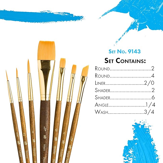 Princeton RealValue Brush Set, Synthetic Golden Taklon, Brown Handle, 7 Piece, 1 Count