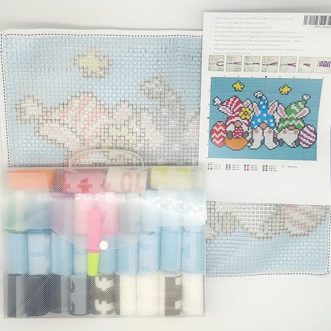 Howie's Latch Hook Kits for Adults, DIY Three Easter Gnomes Crochet Yarn Latch Hook Rug Kit for Adults, Color Preprinted Pattern Embroidery Decoration(Three Easter Gnomes, 19.69 x 14.96 inch)