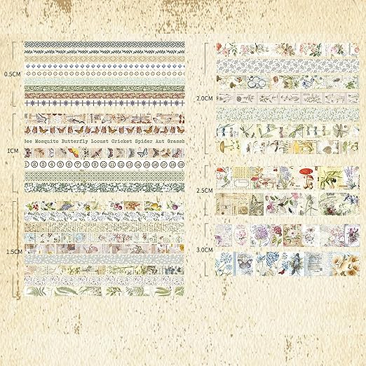 36 Rolls Vintage Washi Tape Pack Retro Arts Adhesive Tapes Wide Chronicle Decorative Masking Tape Sets for Craft, Kids, Scrapbook, DIY, Gift Wrapping (Forest Praise)