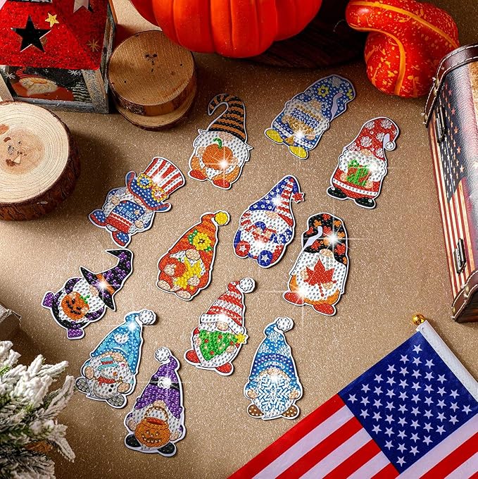Frienda 12 Pcs 4th of July Diamond Art Magnets Refrigerator Patriotic Diamond Painting Magnets Holiday Gnome Easy Kits Interchangeable for Adults Beginners DIY Gnome Home Decors Gifts Craft