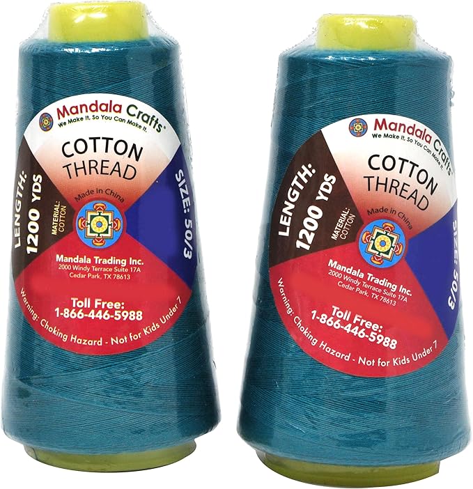 Mandala Crafts Teal Thread Cones for Machine and Hand Quilting - 2400 Yds 50 WT Multiple Purpose Mercerized 100% Cotton Threads for Sewing Machine Serger Embroidery
