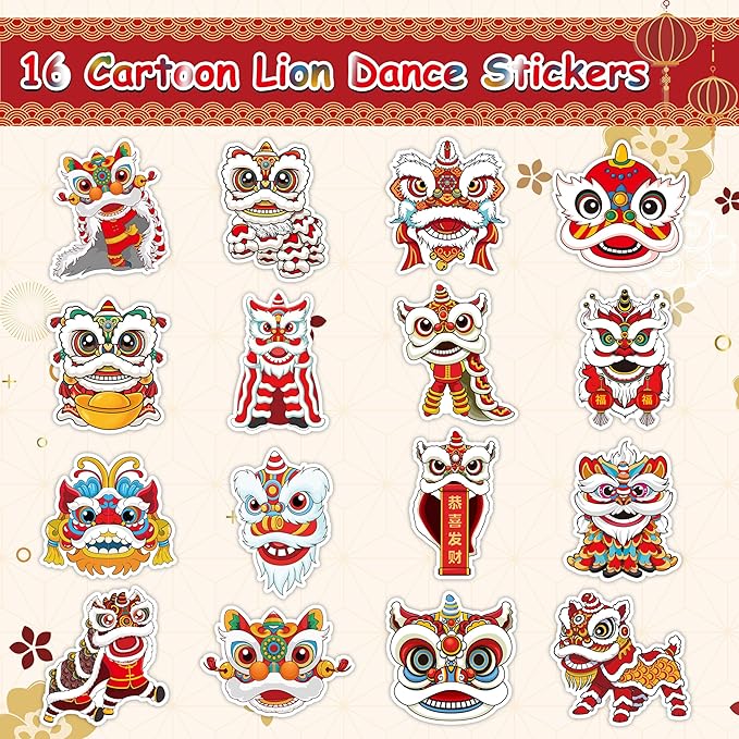h1vojoxo chinese new year sticker rolls - 1000pcs chinese lunar new year stickers for kid 16 design cartoon lion dance stickers for craft waterproof lion dance decal decoration for water bottle laptop