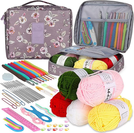 aeelike crochet kit multi size crochet hooks set 0.6mm-6mm, full crochet kit for beginners adults, crochet hooks set with case accessories - crochet gift for mother & grandmother (purple flower)