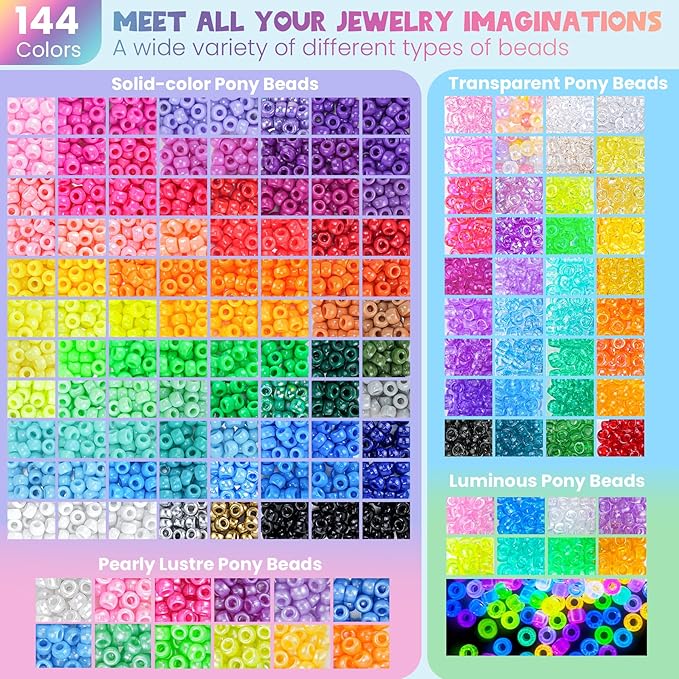 Gionlion 7 Boxes Pony Beads Bracelet Making Kit, 144 Colors 6x9mm Kandi Rave Beads, Friendship Bracelet Kit with 800Pcs Letter Bead for DIY Jewelry, Keychains, Arts and Crafts for Girls Kids Gifts