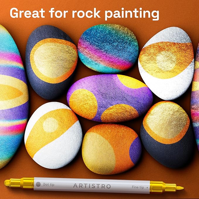 ARTISTRO 5 Gold Acrylic Paint Markers for Rock, Fabric, Wood, Glass, Eggs - Dual-Tip Paint Pens for Coloring Books for Adults, Teens, Kids - Art & Craft Supplies - Gift Idea - Easter Basket Stuffers