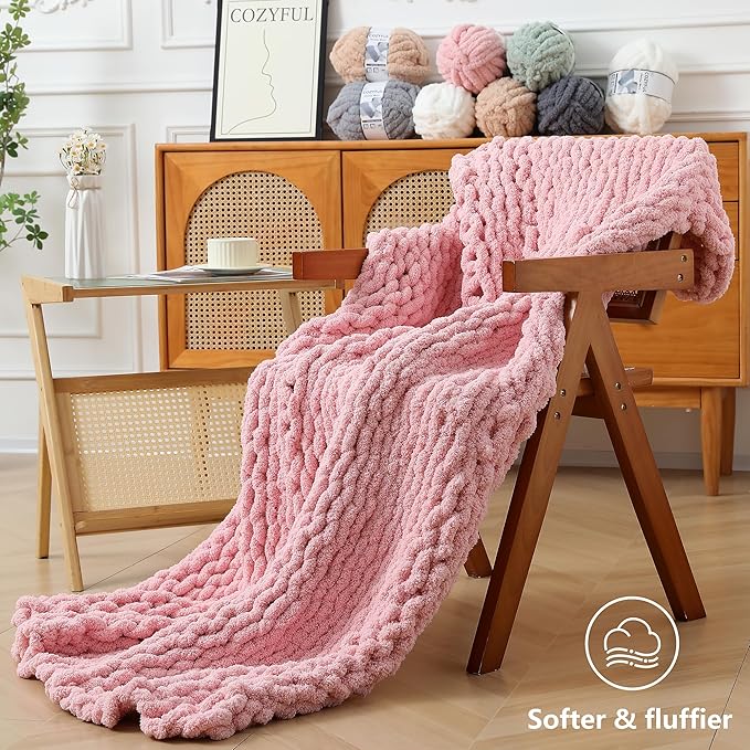 Chunky Yarn for Hand Knitting - #10 Chunky Chenille Yarn, Jumbo Big Thick Chunky Yarns for Crocheting, Super Bulky Chunky Knit Blanket Yarns, 8 Skein (25 yds 8 oz Each Skein), Pink