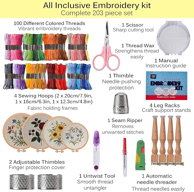 keff craft embroidery kit for beginners - 100 embroidery thread colors, 4 hoops, scissors, needles, pins, blank fabrics & tools – cross stitch supplies, cross stitch kits, arts and crafts for adults