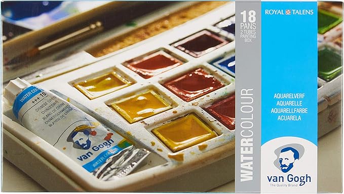 Van Gogh Watercolor Paint Set, Plastic Pocketbox, 18-Half Pan + 2x10ml