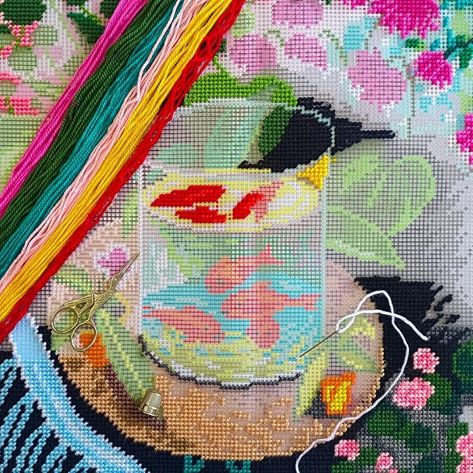 Artistic Stamped Cross-Stitch Kit for Adults and Beginners — Red Fish by Henri Matisse 16″ × 16″ with Clear, Precise Printed Design on Cotton Canvas; Includes 2 Needles, Yarn, and Easy-Read Chart