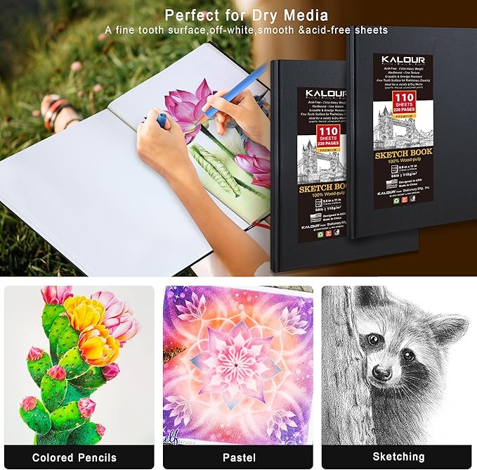 Kalour Hardcover Sketch Book,8-1/2 inch x 11 inch, 110-Sheets (68lb/110gsm),Acid Free Art Sketchbook, Artistic Drawing Painting Writing Paper for Adults Beginners Artists