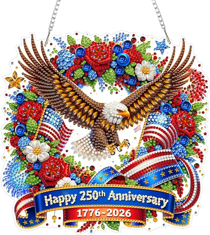 Eiflow 250 Years Anniversary Diamond Art Hanging Kit for Adults, DIY Patriotic Diamonds Painting Door Hanger Board Kit, Crystal Diamond Art Painting Pendant Ornament (Eagle)