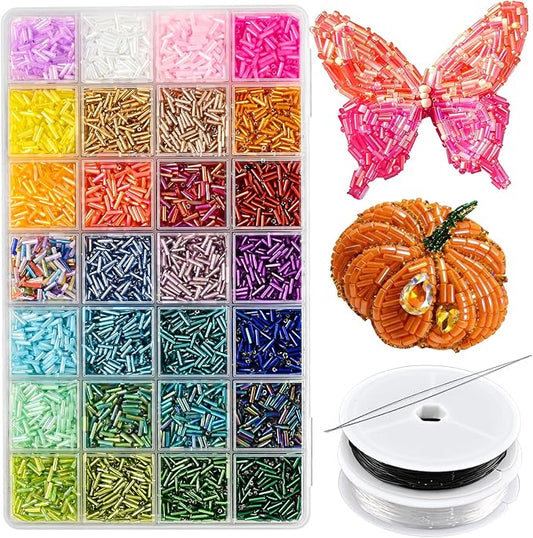 Tube Beads Kit, 7 mm Glass Tube Seed Beads 28 Colored Bugle Embroidery Beads Supplies for DIY Crafting Bracelet Necklaces Jewelry Gift Making & Home Decoration