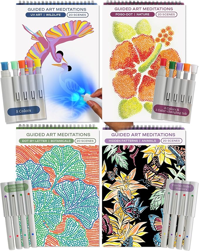 Lifelines FlowArt Activity Pads, 4-Pack - Guided Art Medtiations with 4 Sets of Markers & 80 Scenes - Color by Letter, Dot-Art and More, Coloring Books for Tweens, Adults & Seniors