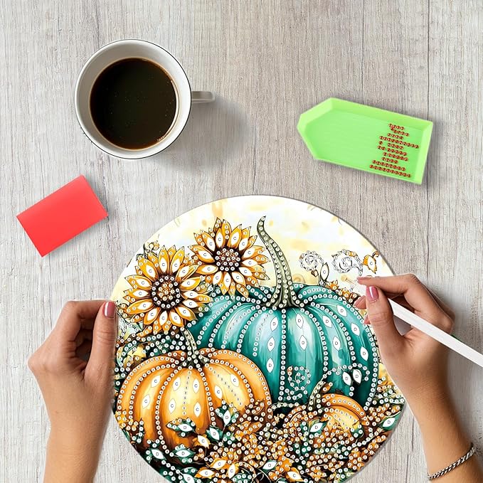 SENQAO Pumpkin Fall Diamond Art Hanging Kits for Adults Kids, Acrylic Diamonds Painting Pendant Board Kits Flower, Diamond Art Painting Window Pendants Home Garden Wall Hanging Kits Hanging Ornament