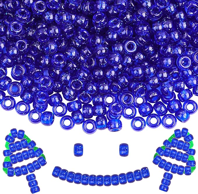 Plastic Pony Beads, 1000 Pcs, 6x9mm, for Bracelet, Hair Braiding, Friendship Bracelets, Jewelry Making (Blue Glitter)