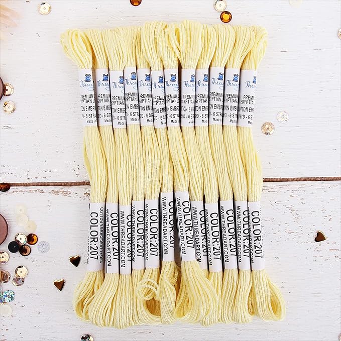12 Skeins ThreadArt Premium Egyptian Long Fiber Cotton Embroidery Floss | Pale Yellow | 6 Strand Divisible Thread 8.75yds Each for Hand Embroidery, Friendship Bracelets, Cross Stitch and Crafts
