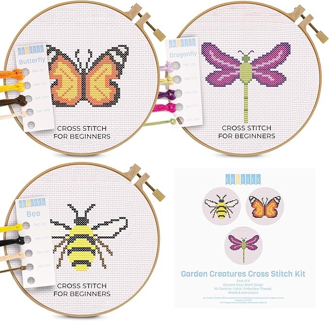 kraftex floral stamped cross stitch kits for beginners - 3 pack. diy embroidery needlepoint patterns for adults. easy cross stitch kits for beginners (garden creatures)