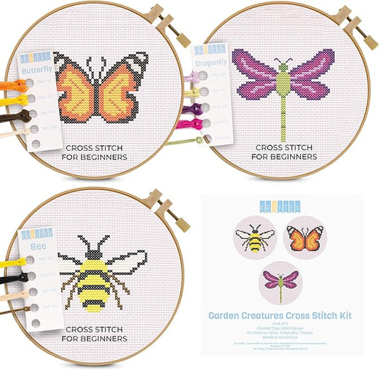 kraftex floral stamped cross stitch kits for beginners - 3 pack. diy embroidery needlepoint patterns for adults. easy cross stitch kits for beginners (garden creatures)