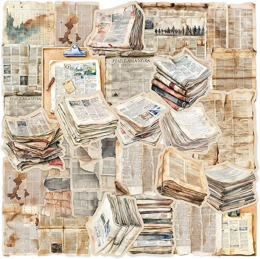 100Pcs Vintage Newspaper Stickers - Vinyl Retro Aged Decals for Journaling, Scrapbooking, Laptop | Authentic Old News/Coffee Stain Designs | Gift for Retro Lovers, Handicrafters