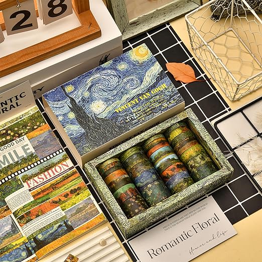 25 Rolls Starry Night Washi Tape Pack Van Gogh Oil Painting Arts Adhesive Tapes Gold Foil Decorative Masking Tape Sets for Craft, Kids, Scrapbook, DIY, Gift Wrapping