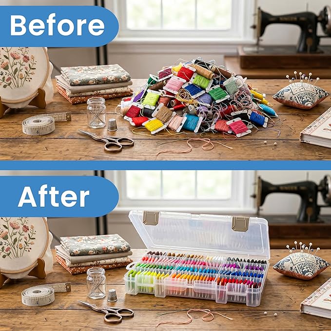 ArtBin Floss Finder Box: Clear Sewing Organizer with 6 Compartments, 12 Dividers, Durable - Perfect for Embroidery Floss and Small Sewing Supplies Storage