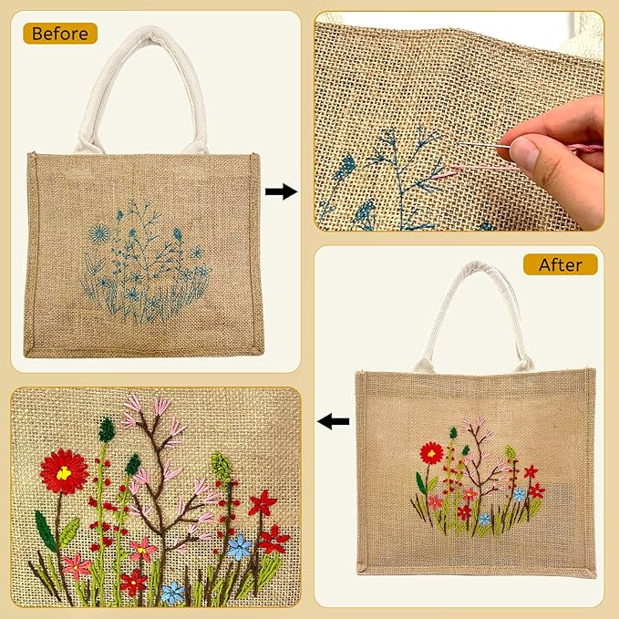 SNAIL GARDEN Linen Tote Bag DIY Embroidery Kit for Beginners with Scarf, Printed Cross Stitch Craft Kit with Thread, Needle & Guide – Reusable Grocery Bag for Women