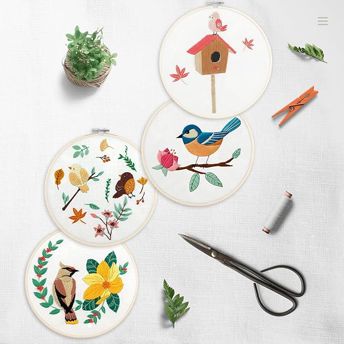 bonroy 4 sets embroidery set for beginners, art craft, easy sewing, includes embroidery clothing, pattern, embroidery hoop, instruction manual, colorful thread needles set (6 pieces)