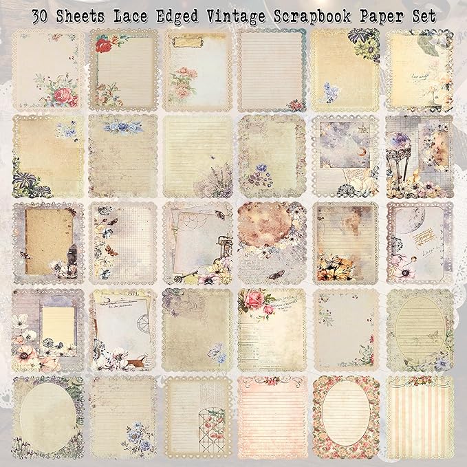 30 Sheets Lace Edged Vintage Scrapbook Paper, Assorted Set - 3 Pack Background Decorative Paper Ephemera for Junk Journaling Supplies, Scrapbooking, Collage, Stationery Letter Writing