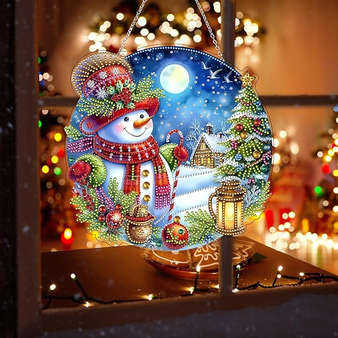 DIY Acrylic Diamond Art Painting Wreath Kits Special Shaped Rhinestone 5D Diamond Art Window Pendants Home Garden Wall Hanging Kits Hanging Ornament (Christmas Snowman-2)