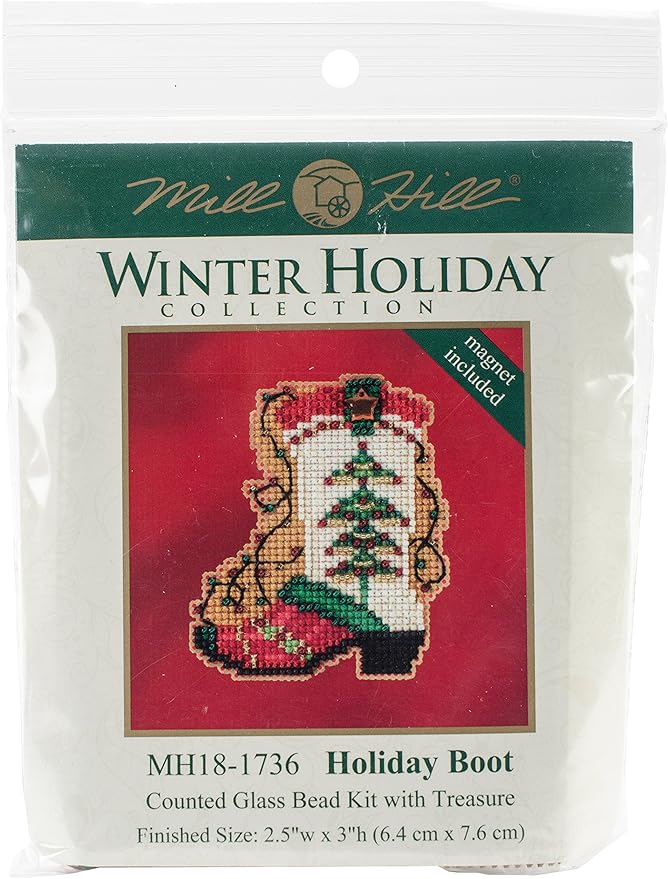 Holiday Boot Beaded Counted Cross Stitch Christmas Ornament Kit Mill Hill 2017 Winter Holiday MH181736