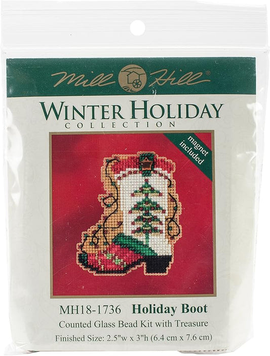 Holiday Boot Beaded Counted Cross Stitch Christmas Ornament Kit Mill Hill 2017 Winter Holiday MH181736