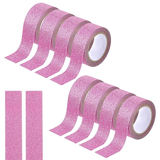 Pink Glitter Washi Tape, 8 Rolls Crafting Tape Pink Painters Adhesive Tape Glitter Tape for Crafts Glitter Border Masking Tape for Festival Decoration Scrapbooking Holiday Gift Wrapping 0.6 Inch