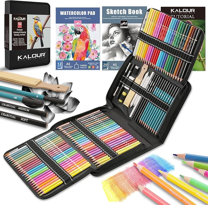 KALOUR 106 Coloring Sketching Kit Set - Art Supplies with Sketchbook & Watercolor Paper - Include Drawing Tutorial, Watercolor,Colored,Metallic,Fluorescent,Sketch Pencils - for Artists beginner