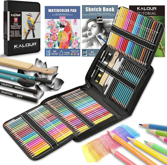 KALOUR 106 Coloring Sketching Kit Set - Art Supplies with Sketchbook & Watercolor Paper - Include Drawing Tutorial, Watercolor,Colored,Metallic,Fluorescent,Sketch Pencils - for Artists beginner
