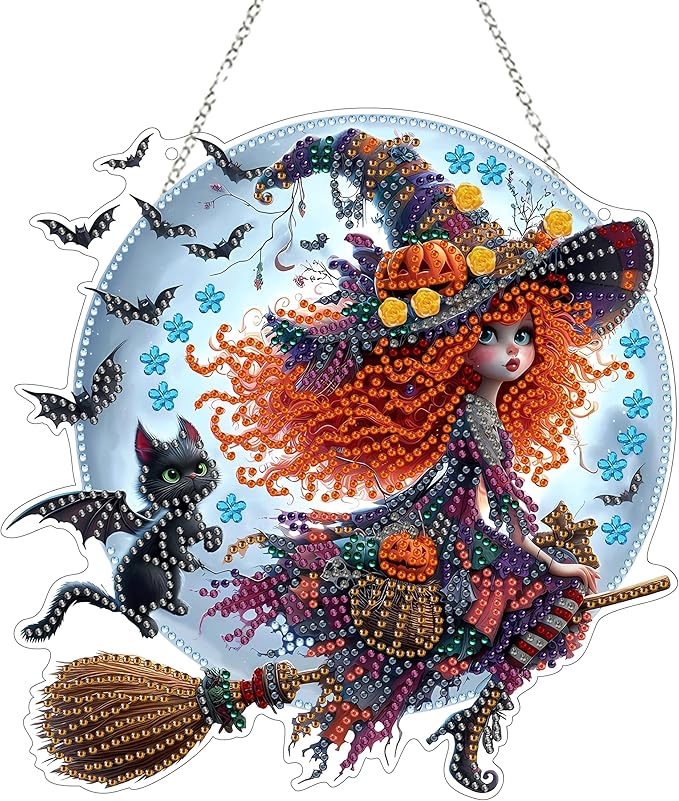 JJFox Diamond Art Hanging Kit for Adult,Special Shaped Rhinestone,Double Sided 5D DIY Acrylic Diamond Art Painting Window Pendants Home Garden Wall Hanging Kits Hanging Ornament (Halloween Witch)