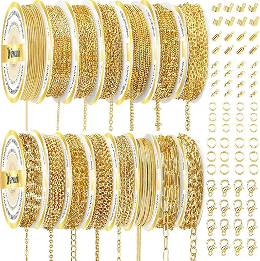 wisreach chains jewelry making supplies gold chain for making jewelry, 111.5 feet 15 rolls for diy necklace bracelet findings with jump rings/lobster clasps/connectors