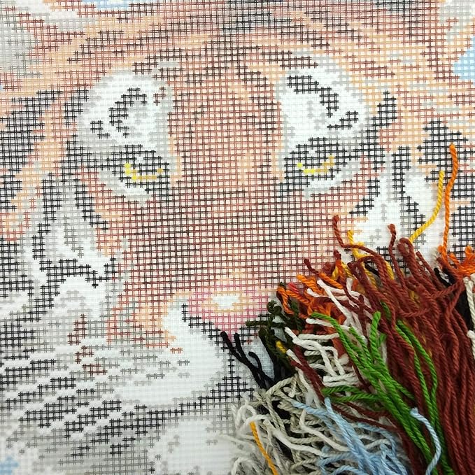 Brvsk Ferine Embroidery Kit for Adults and Beginners — Tiger 16″ × 16″ with Clear, Precise Printed Design on Cotton Canvas; Includes 2 Needles, Yarn, and Easy-Read Chart