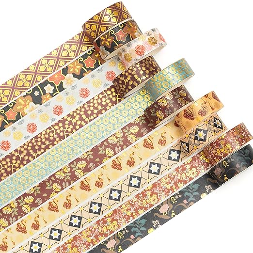 10 Rolls Sakura Washi Tape Set Japanese Arts Adhesive Tapes Gold Silver Foil Decorative Masking Tape Sets for Craft, Kids, Scrapbook, DIY, Gift Wrapping (Cherry Blooms)