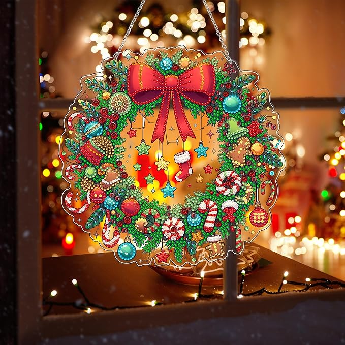 JJFox Diamond Art Hanging Kit for Adult,Special Shaped Rhinestone,Double Sided 5D DIY Acrylic Diamond Art Painting Window Pendants Home Garden Wall Hanging Kits Hanging Ornament (Christmas Wreath-2)