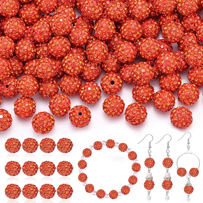 120pcs 10mm rhinestone beads for jewelry making, orange shiny round shamballa disco ball beads bulk, sparkle crystal clay christmas for bracelet baseball necklace earring crafting and diy