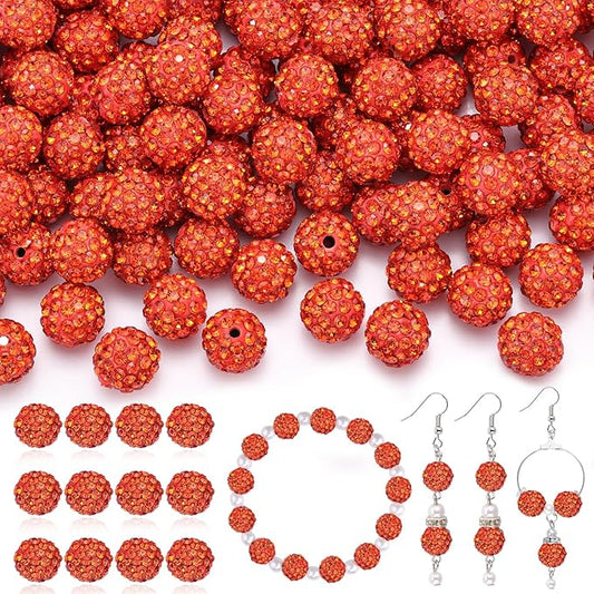 120pcs 10mm rhinestone beads for jewelry making, orange shiny round shamballa disco ball beads bulk, sparkle crystal clay christmas for bracelet baseball necklace earring crafting and diy
