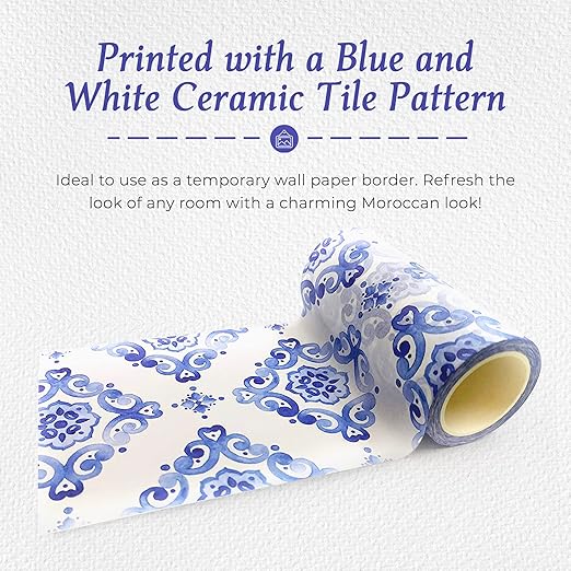 Serenity Fair Washi Tape – Mediterranean Tile Pattern, Extra Wide 4 Inch Scrapbook Supplies for Scrapbooking, Journaling, Stickers, Craft Paper, and DIY Scrapbook Tape Roll (Moroccan Blue and White)