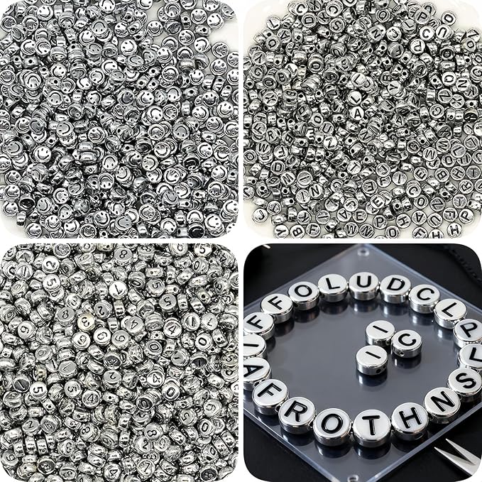 nikkiGuo 1250 PCS Letter Beads Kit with Elastic Cord – Alphabet A–Z, Numbers, Heart, Moon, Star, Smiley Beads for Friendship Bracelets & DIY Jewelry (Sliver Beads & Black Letters)