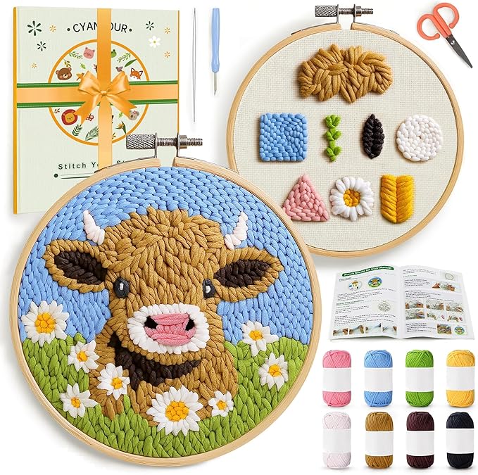 CYANFOUR Punch Needle Kits for Beginner, DIY Punch Needle Kit Adults Beginner Include 2 Pre-printed Fabrics, Embroidery Hoop, Threads, Easy for Adults & Children, Craft Gifts and Decorations 20*20cm
